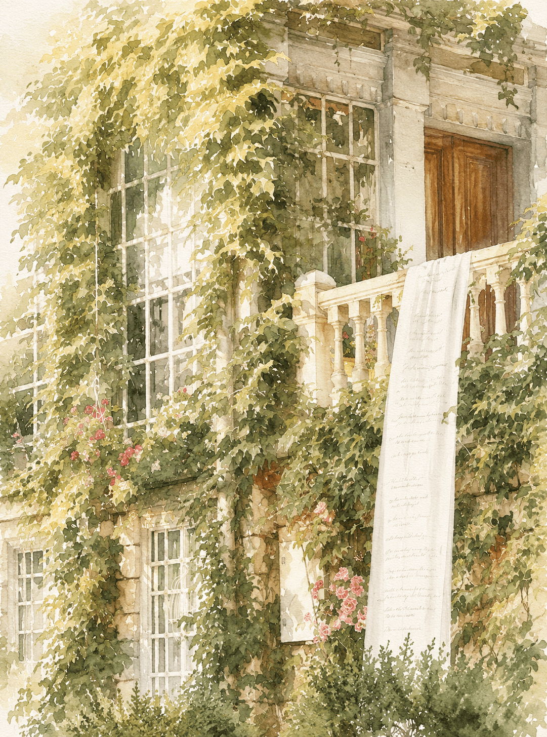Ivy-covered stone facade of Aux Glycines with climbing roses and soft drapery