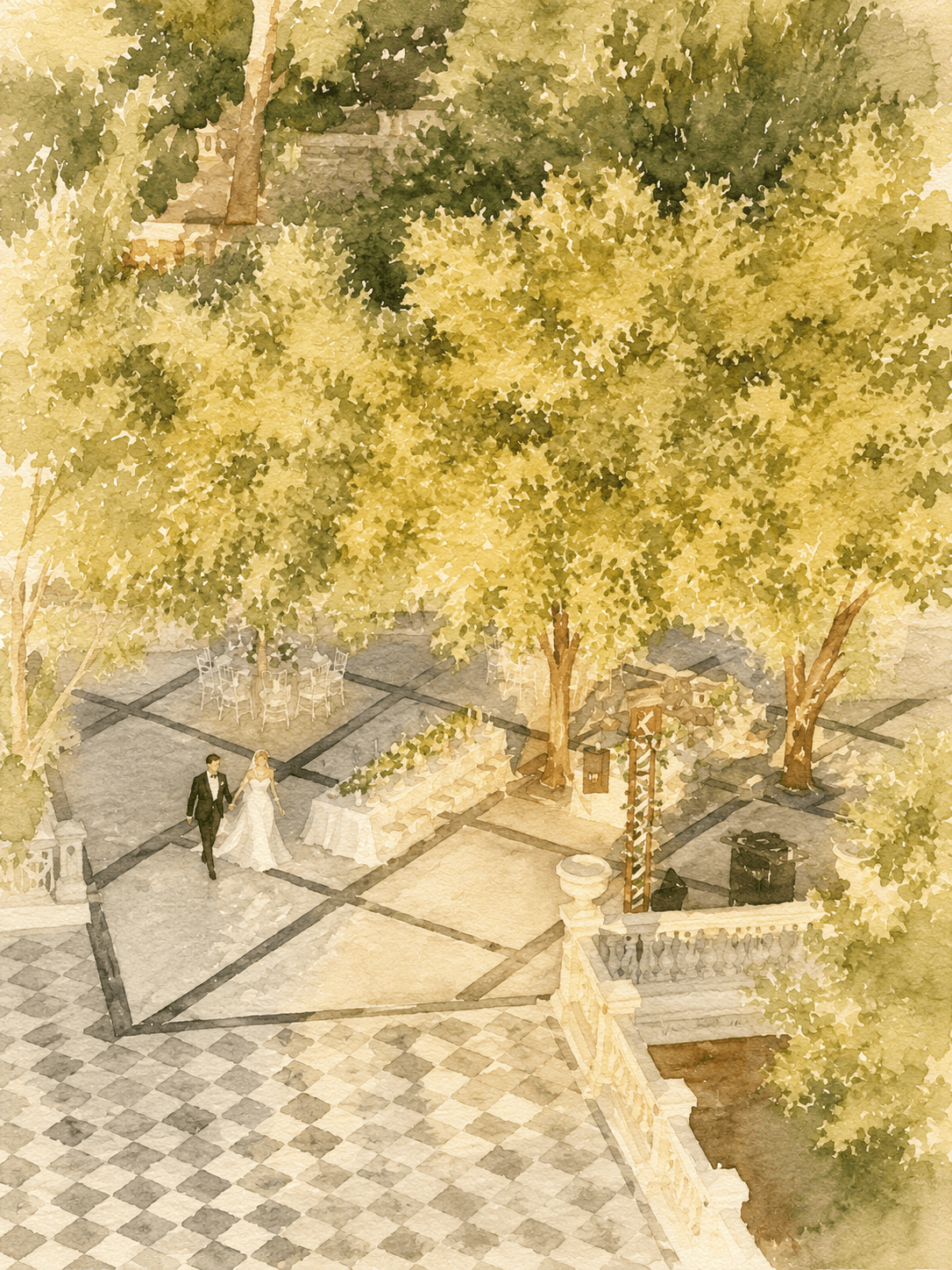 Watercolour of a couple walking through the tree-shaded garden terrace at Aux Glycines