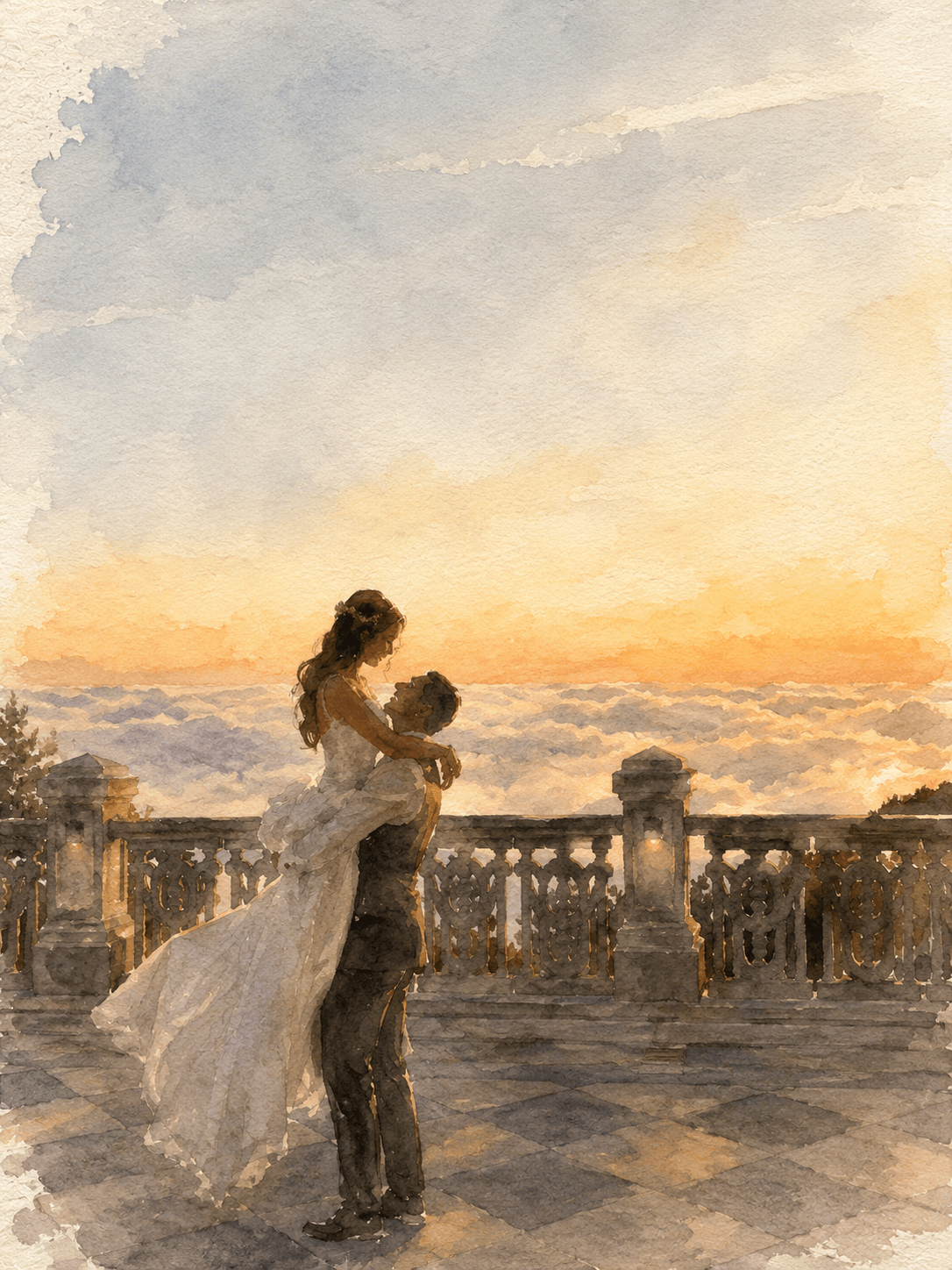 Watercolour of a couple embracing on a stone terrace at sunset above the clouds